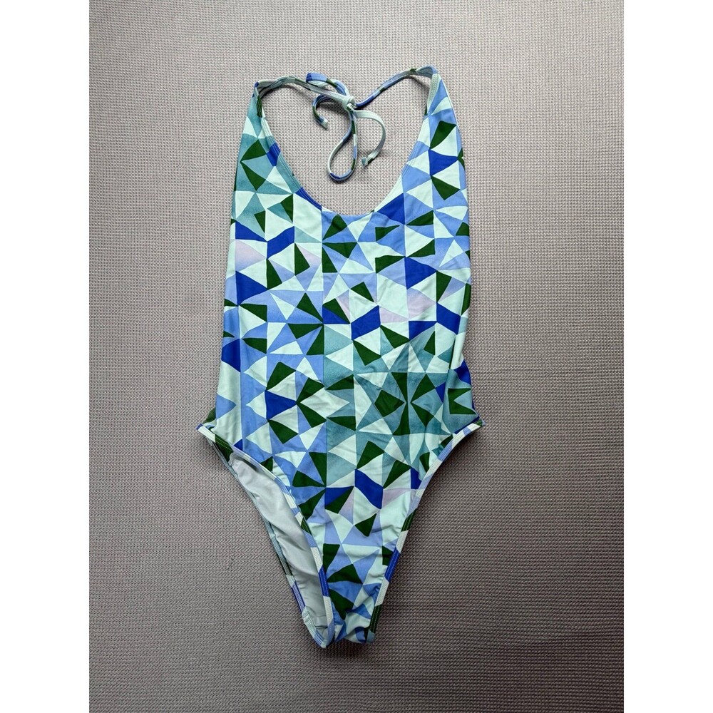 Aerie Geometric Blue Green Mesh Sided Swimsuit